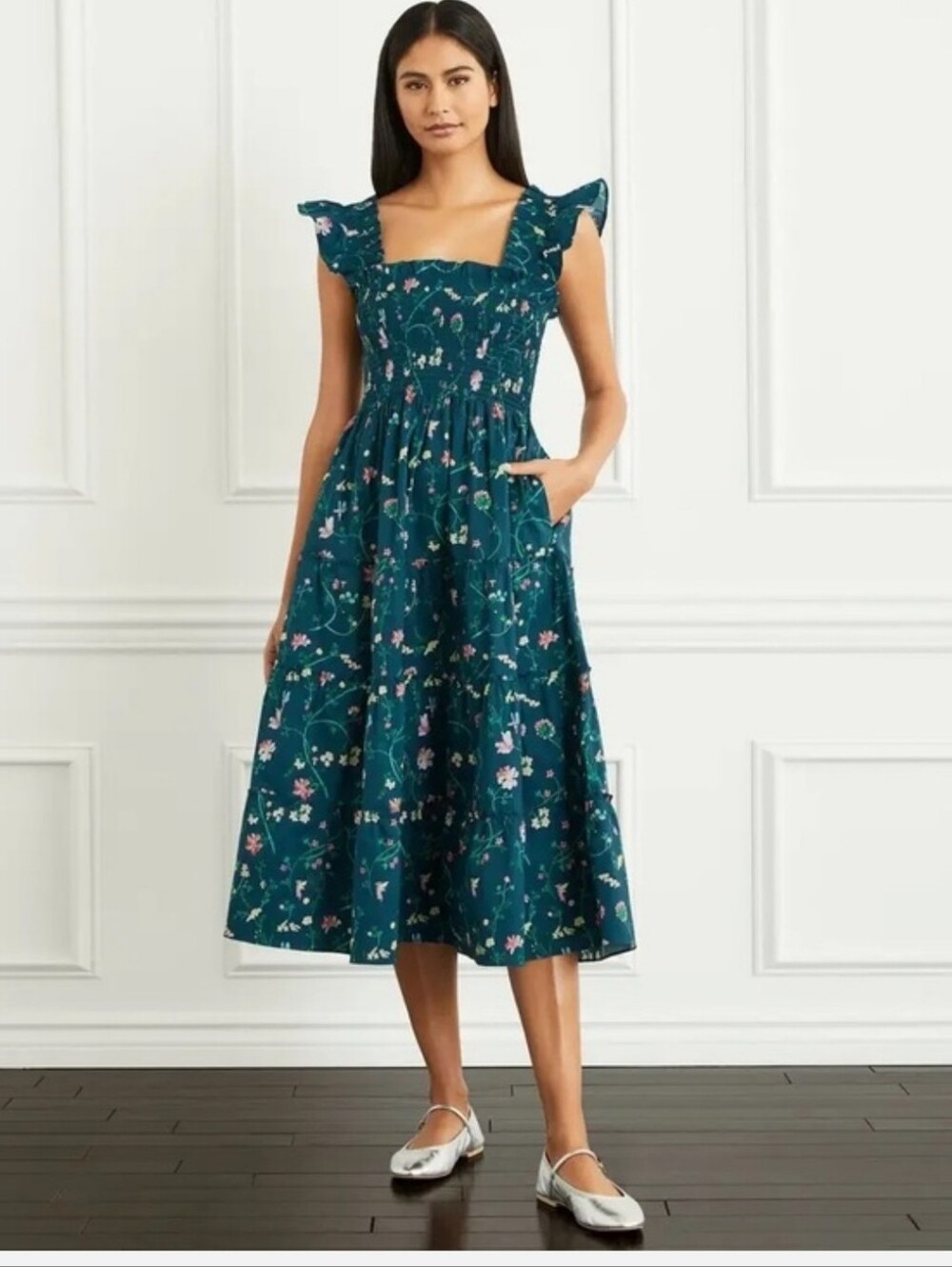 Hill House Home Floral Ellie Nap Dress With Pockets Teal and Pink Like New XXS